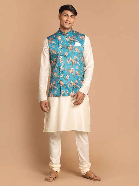 Men's Turquoise Digital Printed Royal Angrakha Nehru Jacket With Cream Kurta Pyjama